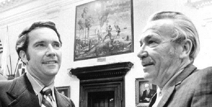 black and white photograph showing artist earl lapan (right) and floirda senate president jerry thomas (left)